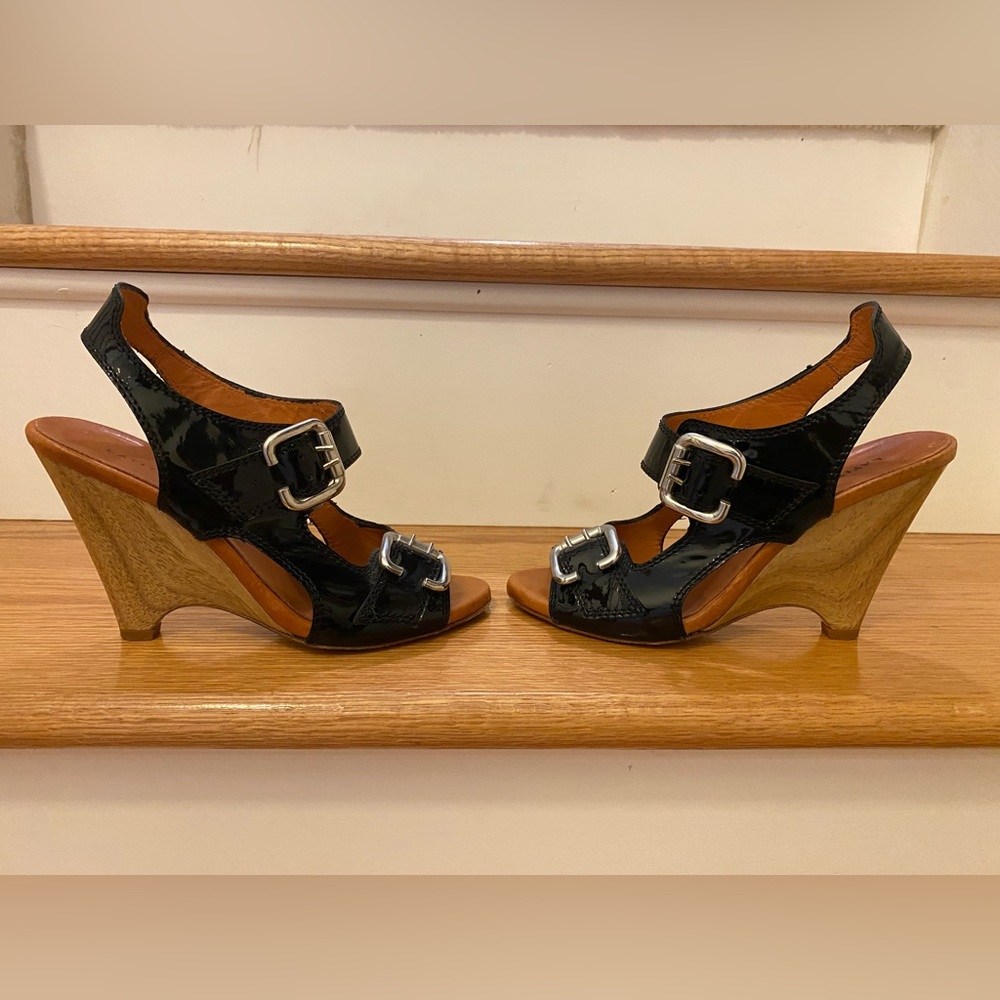 Latitude Femme wedge, leather upper and sole, size 36.5. Black w silver buckle